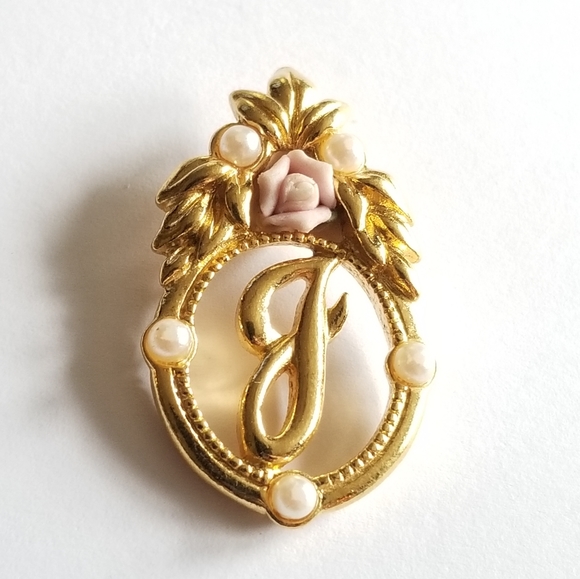 Avon Jewelry - Vintage letter J pendant pink rose Avon white pearl gold tone Victorian revival